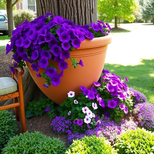Genius Tree Base Garden Idea: Spill Pot with Stunning Purple Flowers