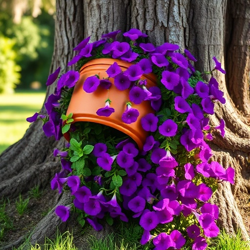 Genius Tree Base Garden Idea: Spill Pot with Stunning Purple Flowers