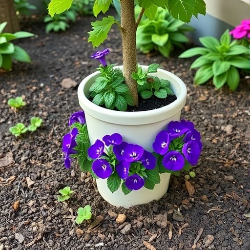 step by step Genius Tree Base Garden Idea Spill Pot with Stunning Purple Flowers