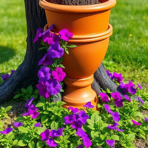 Genius Tree Base Garden Idea: Stunning Spill Pot with Vibrant Purple Flowers