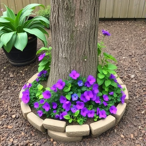 step by step Transform Your Tree Base Stunning Spill Pot Garden with Vibrant Purple Flowers